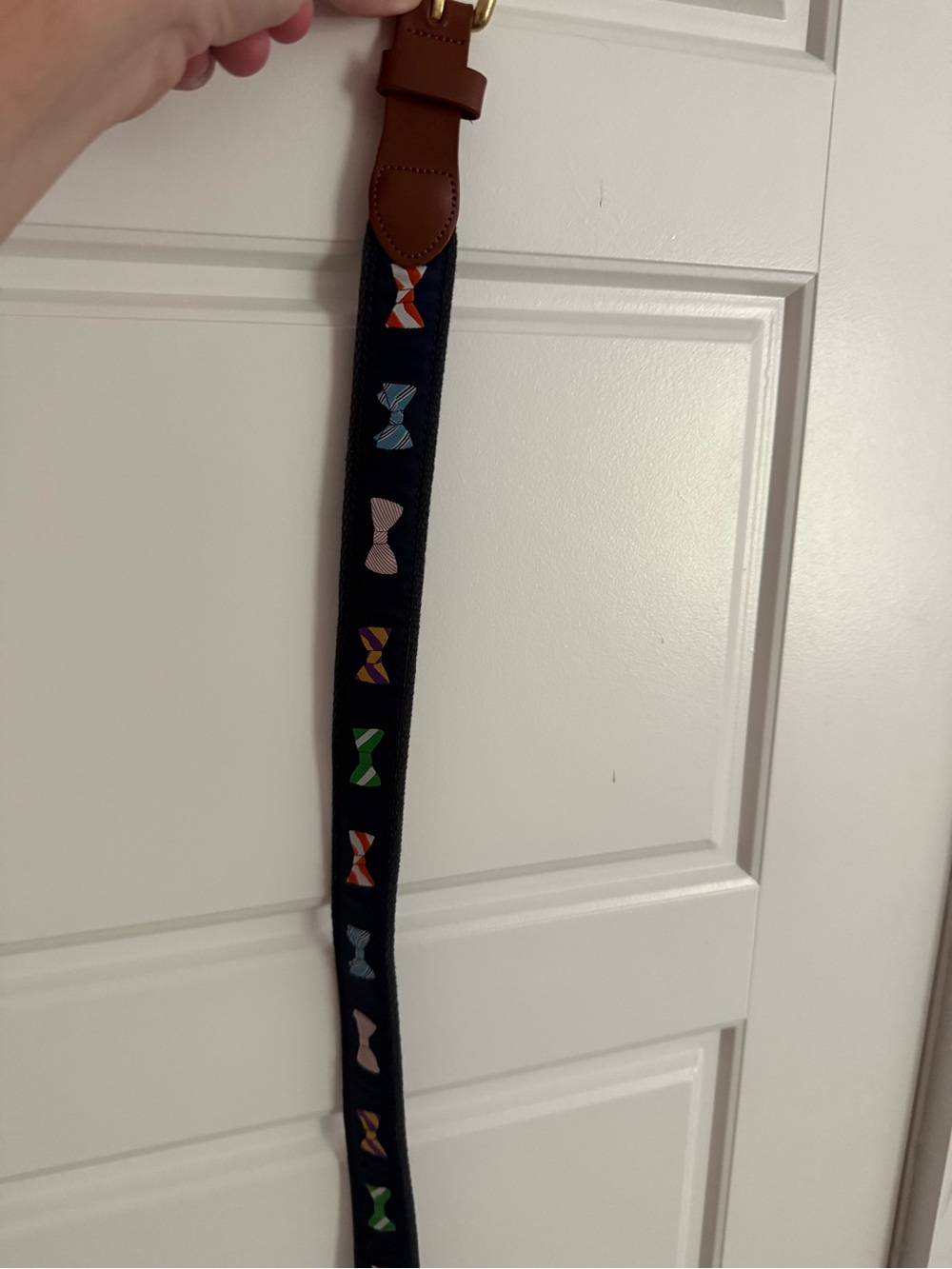 Children's Navy Bow Embroidered Strap with Brown Trim